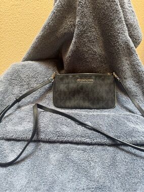 Michael Kors Black Logo-Print Crossbody Bag with Gold Hardware